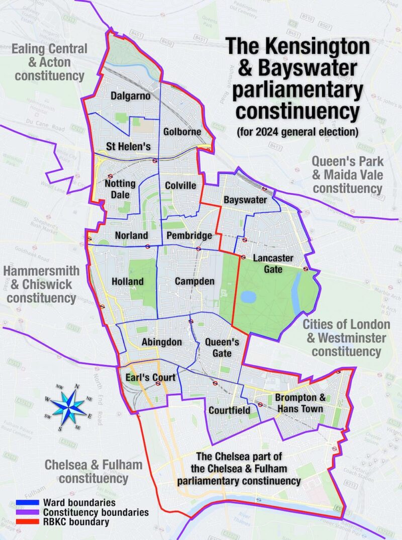 Map: Westminster wards Bayswater and Lancaster Gate, from the the former Westminster North constituency, have merged with the Kensington constituency.