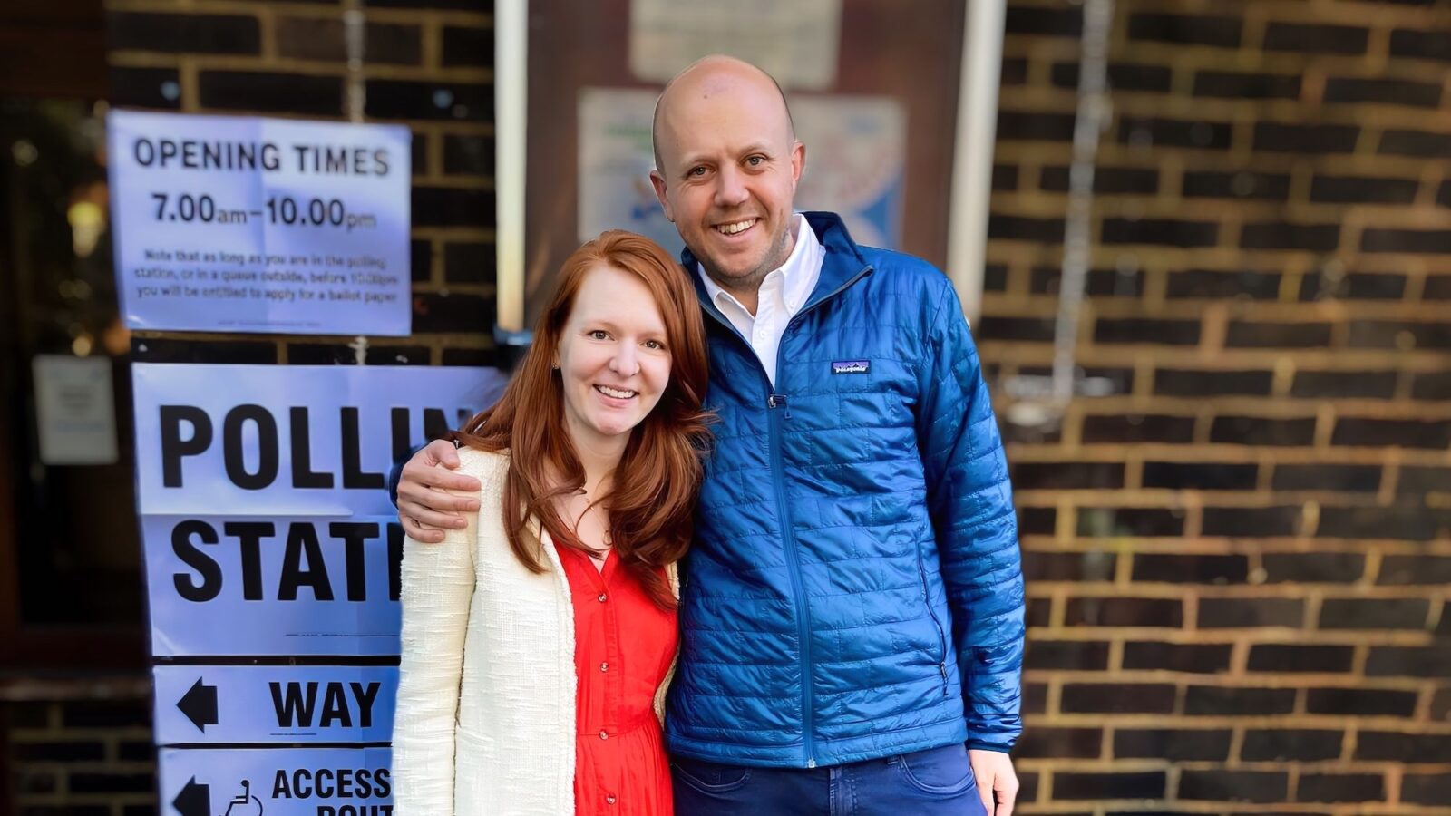 Joe Powell and Elsbeth outside their polling station Thursday morning.